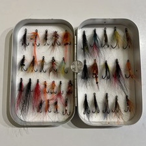 Richard Wheatley Foam Fly Box With 36 Salmon Double Flies Mixed Sizes