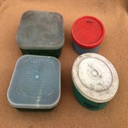 Four retro plastic bait/maggot boxes, 2 x Maggibox, Marco. Middy