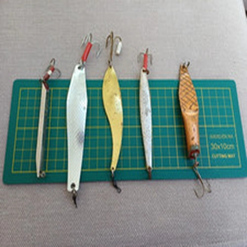 4 ABU SWEDEN STAMPED JIGGING LURES/PIRKS & A HOMEMADE EXAMPLE