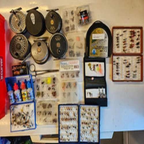 fishing reels, flies, seats and waders