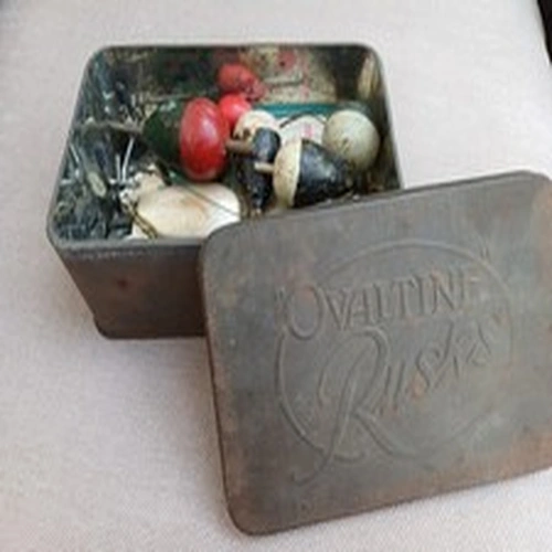 OLD’OVALTINE RUSKS’ TIN CONTAINING VINTAGE PIKE FISHING TACKLE