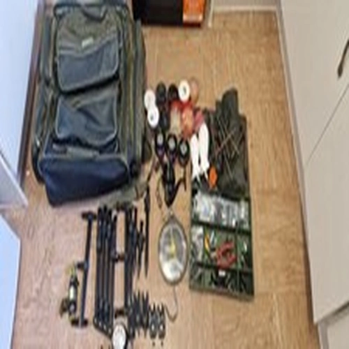 Fishing Tackle Bag Green/Black Fabric with Tackle Box, Pliers, Spools & Scale