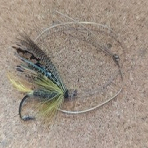A VERY SCARCE MID TO LATE NINETEENTH CENTURY SIZE 4 SALMON FLY, TIED TO GUT 