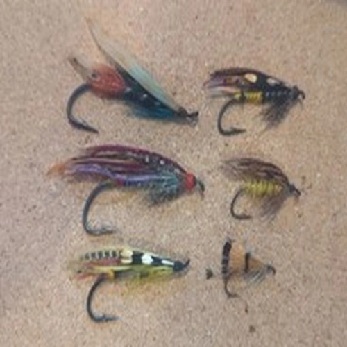 JOB LOT OF SIX ASSORTED VINTAGE METAL EYED SALMON FLIES, SIZES 7 TO 5/0