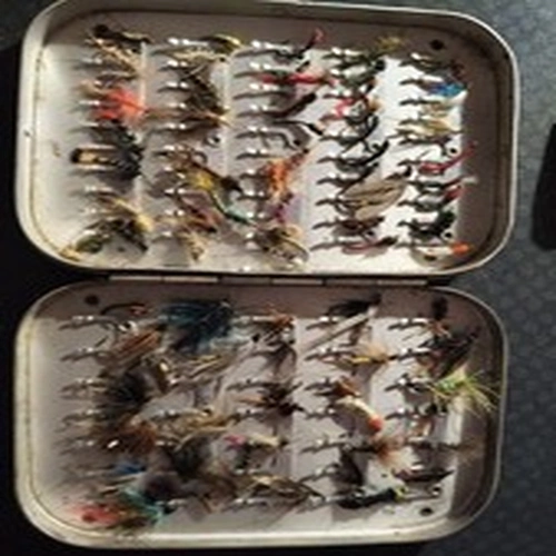 Variety of Fishing Flies In A Metal Tin Job Lot Various Sizes