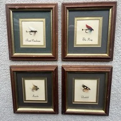 Set Of 4 Mounted & Framed Trout Flies. See Description For Details.