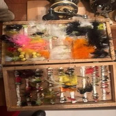 Wooden Fly box- full of Rainbow Lures flies for trout 