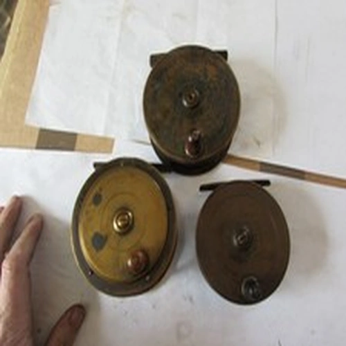 3 vintage brass salmon fly fishing reels all with issues for display only